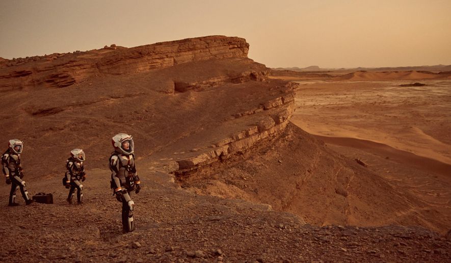 This image released by National Geographic shows a scene from the series, "Mars," premiering Monday at 9 p.m. ET on the National Geographic channel. The series brought together scientific consultants, director Everardo Gout, producer Justin Wilkes as showrunner, and executive producers Ron Howard and Brian Grazer. (Robert Viglasky/National Geographic Channels via AP)