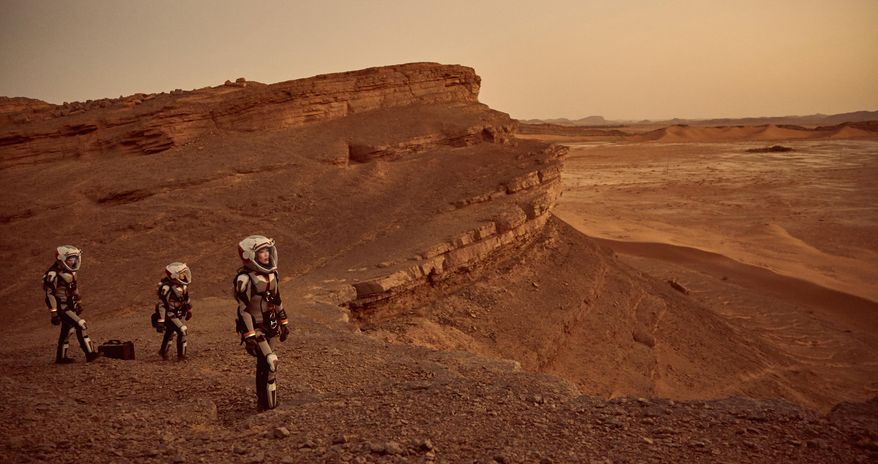 This image released by National Geographic shows a scene from the series, "Mars," premiering Monday at 9 p.m. ET on the National Geographic channel. The series brought together scientific consultants, director Everardo Gout, producer Justin Wilkes as showrunner, and executive producers Ron Howard and Brian Grazer. (Robert Viglasky/National Geographic Channels via AP)