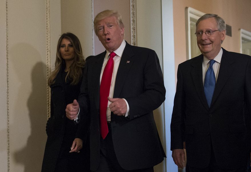 President-elect Donald Trump, accompanied by his wife Melania and Senate Majority Leader Mitch McConnell, gestures Thursday while walking on Capitol Hill. (Associated Press)
