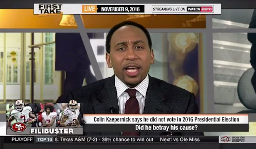 ESPN's Stephen A. Smith delivered an angry rant against Colin Kaepernick on Wednesday's "First Take," calling the San Francisco 49ers quarterback a "flaming hypocrite" for not voting. (ESPN) ** FILE **
