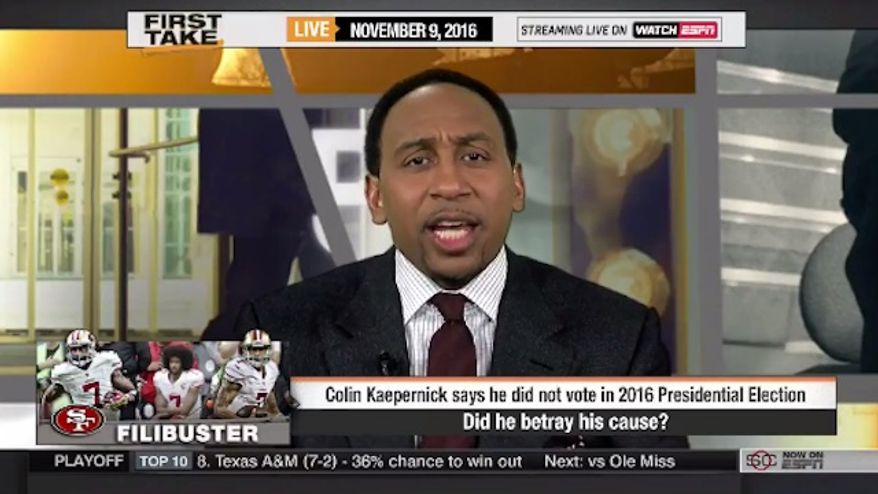 ESPN's Stephen A. Smith delivered an angry rant against Colin Kaepernick on Wednesday's "First Take," calling the San Francisco 49ers quarterback a "flaming hypocrite" for not voting. (ESPN) ** FILE **