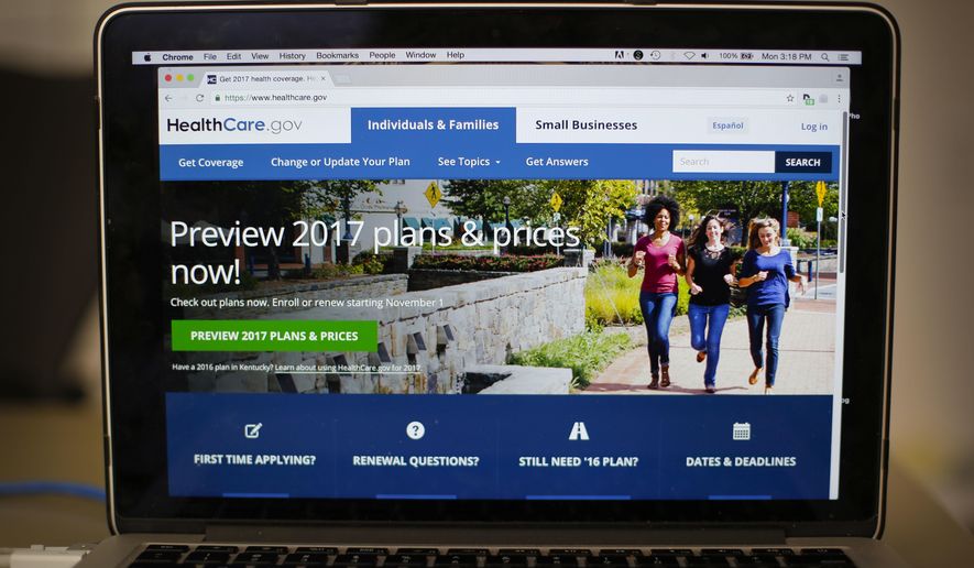 In this Oct. 24, 2016, file photo, the HealthCare.gov 2017 web site home page is seen on a laptop in Washington. (AP Photo/Pablo Martinez Monsivais, File) **FILE**
