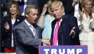 FILE - This is a Wednesday, Aug. 24, 2016  file photo of Republican presidential candidate Donald Trump, right, welcomes pro-Brexit British politician Nigel Farage, to speak at a campaign rally in Jackson, Miss. Britain&#39;s vote to leave the European Union was a major shock to the global political system. But in a year of political earthquakes, it has just been trumped. Like Brexit, Donald Trump&#39;s victory over Hillary Clinton in the U.S. presidential election was driven by voters turning against established order and mainstream politicians. (AP Photo/Gerald Herbert, File)