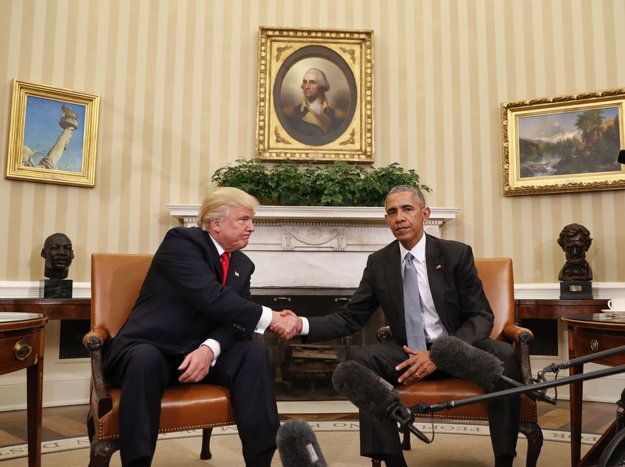 President Barack Obama and President-elect Donald Trump shake hands following their meeting in the Oval Office of the White House in Washington, Thursday, Nov. 10, 2016. (AP Photo/Pablo Martinez Monsivais) ** FILE **