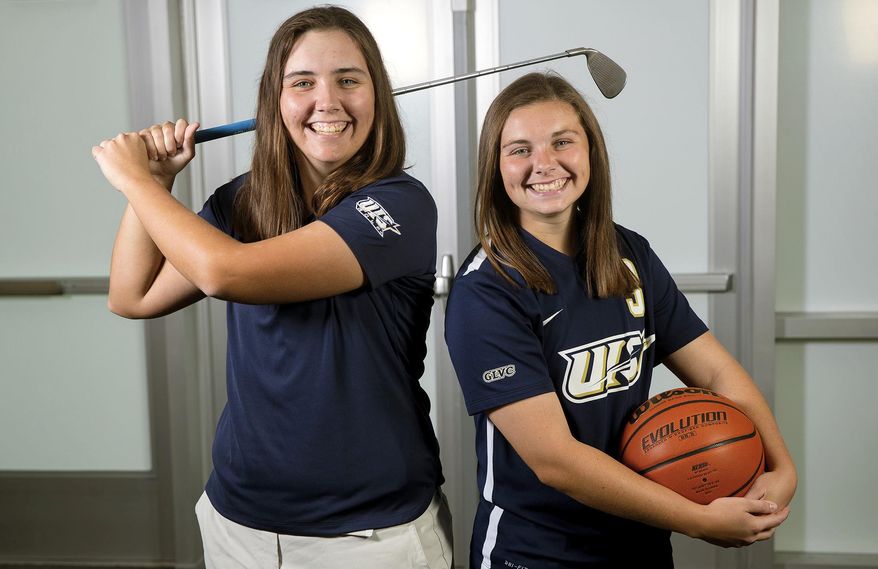 ADVANCE FOR USE SUNDAY, NOV. 13, 2016 AND THEREAFTER - In this Oct. 21, 2016 photo, Sisters Jocelyn, left, and Emily Matsen pose for a photo in  Springfield, Ill. The University of Illinois Springfield student-athletes play different sports in the same season, so they turn to technology to keep tabs on what the other one is up to. &amp;quot;I watch her soccer games even if we are traveling in the bus,&amp;quot; said Jocelyn, a senior on the UIS women&#39;s golf team. &amp;quot;I&#39;ll pull it up on my phone or I&#39;ll watch it at the hotel.&amp;quot; (Ted Schurter/The State Journal-Register via AP)