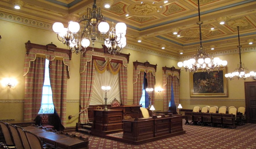 This Friday, Nov. 11, 2016 photo, shows the interior of the Old House Chamber in the Maryland State House in Annapolis, Md. Two leading Maryland lawmakers want to commission statues of Harriett Tubman and Frederick Douglass for inside the Maryland State House. (AP Photo/Brian Witte)