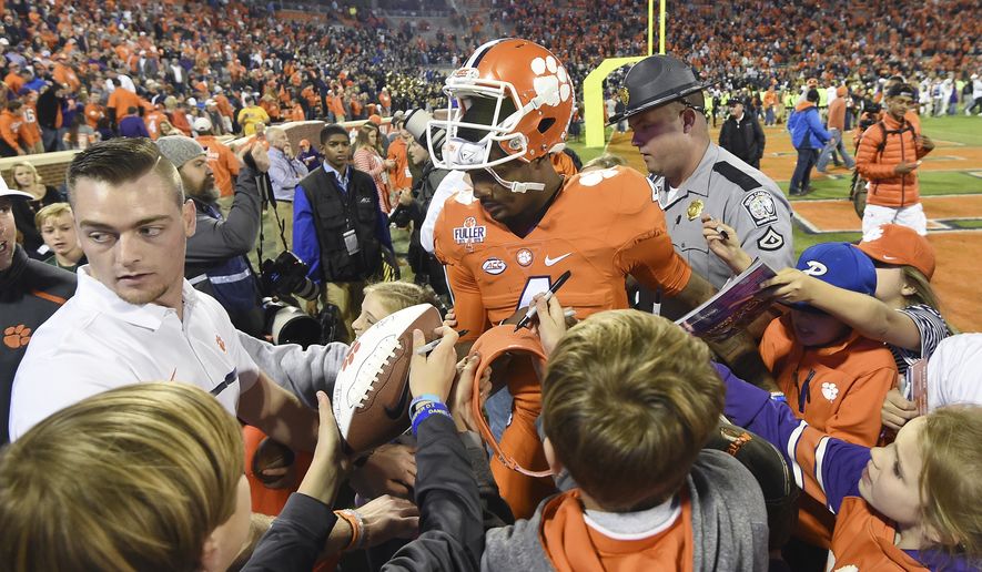 Clemson quarterback Deshaun Watson (4) walks off the field after an NCAA college football game against Pittsburgh on Saturday, Nov. 12, 2016, in Clemson, S.C. Pittsburgh won 43-42. (AP Photo/Rainier Ehrhardt)