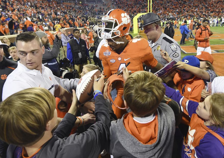Clemson quarterback Deshaun Watson (4) walks off the field after an NCAA college football game against Pittsburgh on Saturday, Nov. 12, 2016, in Clemson, S.C. Pittsburgh won 43-42. (AP Photo/Rainier Ehrhardt)