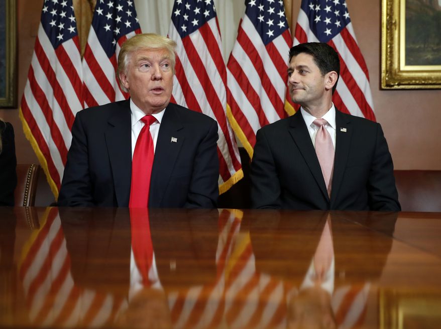 In this Nov. 10, 2016, photo, President-elect Donald Trump and House Speaker Paul Ryan of Wis., pose for photographers after a meeting in the Speaker's office on Capitol Hill in Washington. Washington’s new power trio consists of a bombastic billionaire, a telegenic policy wonk, and a taciturn political tactician. How well they can get along will help determine what gets done over the next four years, and whether the new president’s agenda founders or succeeds. (AP Photo/Alex Brandon)