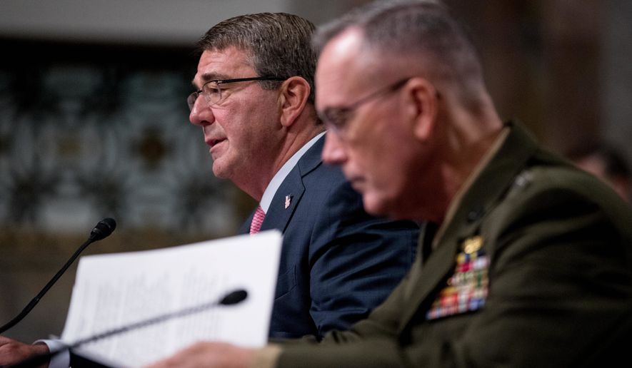 Defense Secretary Ashton Carter and Gen. Joseph Dunford, chairman of the Joint Chiefs of Staff, disagree on some of the Obama administration&#39;s policies for the military. Rep. Duncan Hunter is calling for a reversal of women in the infantry, open transgender troops and the near-banishment of the word &quot;man&quot; in titles. (Associated Press)
