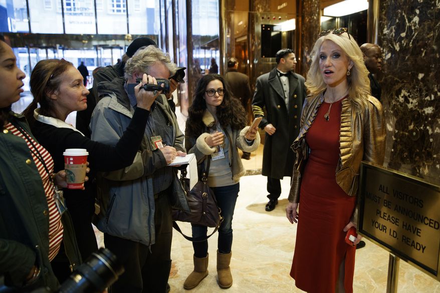 Kellyanne Conway, campaign manager and senior adviser to President-elect Donald Trump, talks with reporters as she arrives at Trump Tower, Sunday, Nov. 13, 2016, in New York. (AP Photo/ Evan Vucci)