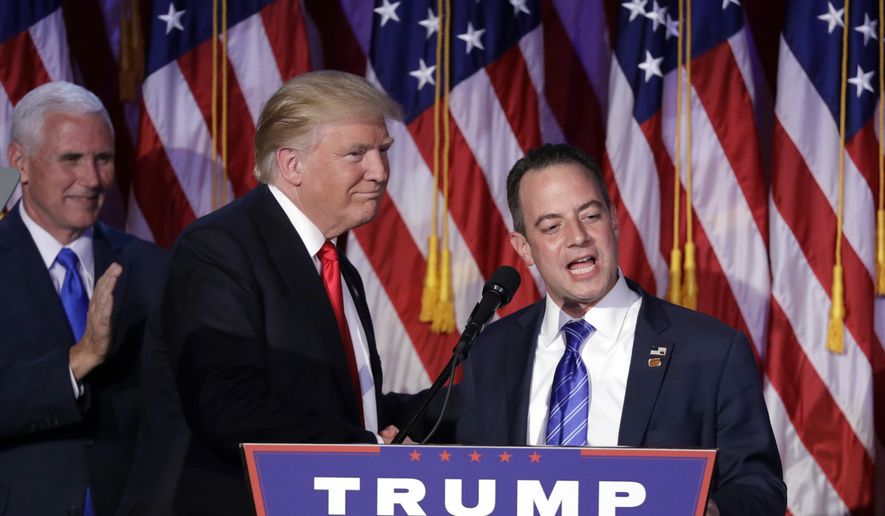 In this Wednesday, Nov. 9, 2016, file photo, President-elect Donald Trump, left, stands with Republican National Committee Chairman Reince Priebus during an election night rally in New York. Trump on Sunday named Priebus as his White House chief of staff. (AP Photo/John Locher, File)