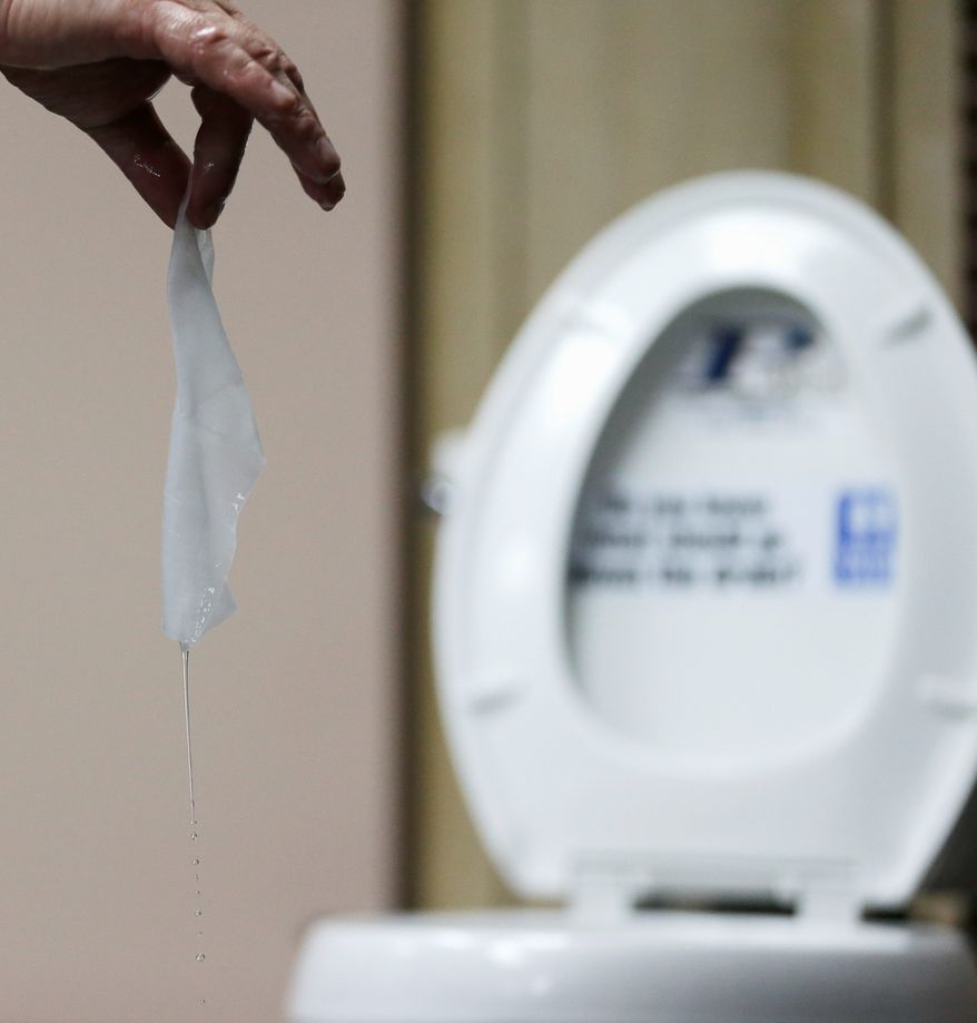 Bathroom wipes, often advertised as flushable, are creating clogs and backups in sewer systems around the nation, including in the District. (Associated Press)