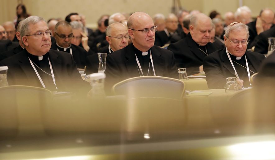 Members of the United States Conference of Catholic Bishops are seen above reflections on a piano as they attend the USCCB&#x27;s annual fall meeting in Baltimore, Monday, Nov. 14, 2016. The bishops opened their meeting by urging President-elect Donald Trump to adopt humane policies toward immigrants and refugees. (AP Photo/Patrick Semansky)
