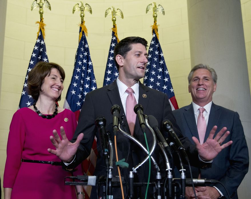 House Republicans kicked off leadership elections with a closed-door meeting to hear speeches from contenders, but the current slate of leaders topped by Speaker Paul D. Ryan, Majority Leader Kevin McCarthy and Conference Chair Cathy McMorris Rodgers did not face serious challenges in the vote slated for Tuesday. (Associated Press)
