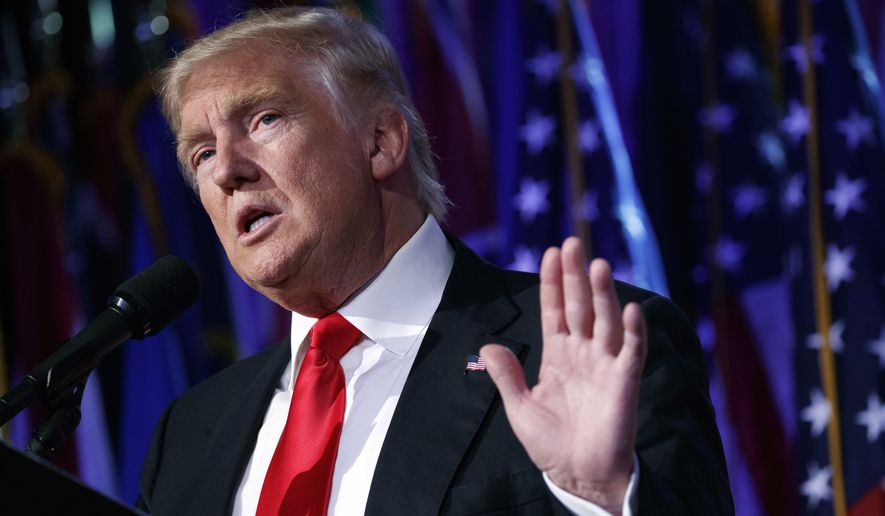 In this Nov. 9, 2016, file photo, President-elect Donald Trump speaks during a rally in New York. (AP Photo/ Evan Vucci, File)