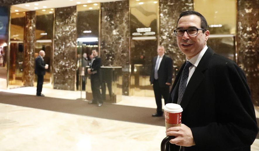 Steven Mnuchin, national finance chairman of President-elect Donald Trump&#x27;s campaign talks with reporters at Trump Tower, Tuesday, Nov. 15, 2016 in New York. AP Photo/Carolyn Kaster)