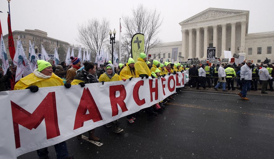 In this Jan. 22, 2016, file photo, marchers carry a banner during the March for Life 2016, in front of the U.S. Supreme Court in Washington, during the annual rally on the anniversary of 1973 &quot;Roe v. Wade&quot; U.S. Supreme Court decision legalizing abortion. Roe v. Wade could be in jeopardy under Donald Trump&#39;s presidency. If a reconfigured high court did overturn it, the likely outcome would be a patchwork: some states protecting abortion access, others enacting tough bans, and many struggling over what new limits they might impose. (AP Photo/Alex Brandon, File)