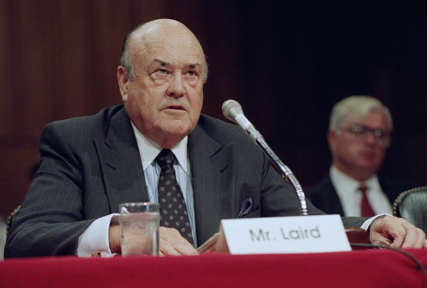 FILE - In this Sept. 1992 file photo, former Defense Secretary Melvin R. Laird testifies on Capitol Hill in Washington. Laird, Defense Secretary under Richard Nixon who helped engineer withdrawal of U.S. troops from Vietnam, has died. (AP Photo/John Duricka, File)