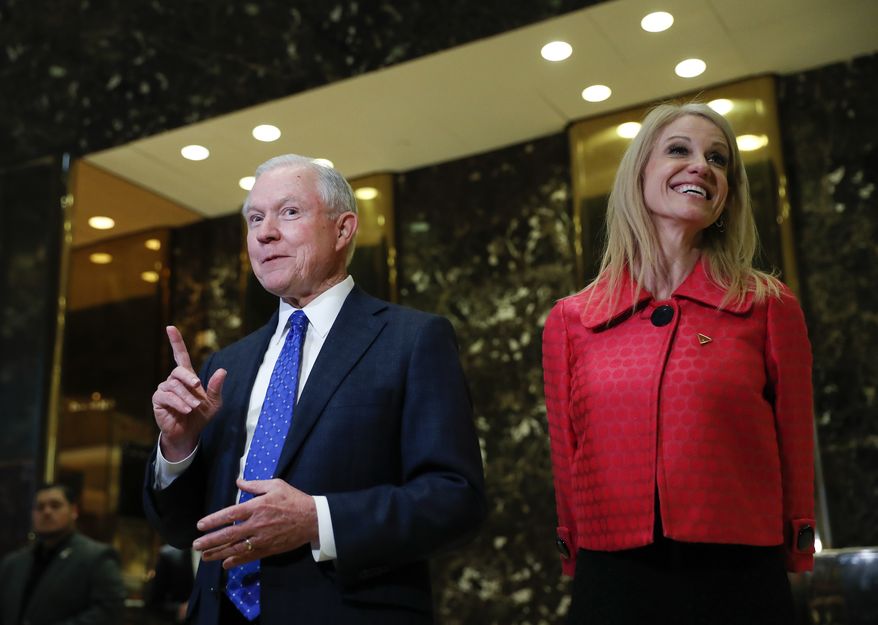 In this photo taken Nov. 17, 2016, Sen. Jeff Sessions, R-Ala., accompanied by Trump campaign manager Kellyanne Conway, speaks to media at Trump Tower in New York. President-elect Donald Trump has picked Sessions for the job of attorney general. (AP Photo/Carolyn Kaster) ** FILE **