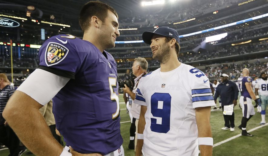 FILE - In this Saturday, Aug. 16, 2014 file photo, Baltimore Ravens quarterback Joe Flacco (5) and Dallas Cowboys quarterback Tony Romo (9) talk after an NFL preseason football game in Arlington, Texas. Dak Prescott will likely have Tony Romo watching from the sideline in uniform for the first time as the backup to Dallas’ surprising rookie quarterback. Baltimore’s Joe Flacco will be an interested observer as well Sunday, Nov. 20, 2016 when the Ravens visit the Cowboys, eight years after he had a similar rookie rise from third-stringer to starter and playoff qualifier. (AP Photo/Brandon Wade, File)