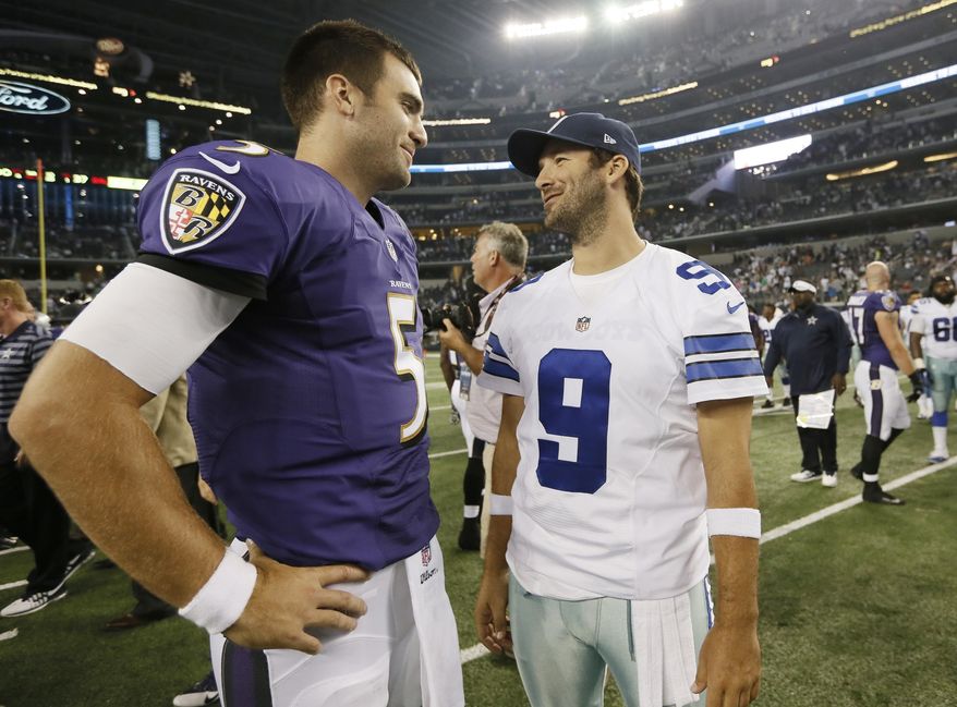 FILE - In this Saturday, Aug. 16, 2014 file photo, Baltimore Ravens quarterback Joe Flacco (5) and Dallas Cowboys quarterback Tony Romo (9) talk after an NFL preseason football game in Arlington, Texas. Dak Prescott will likely have Tony Romo watching from the sideline in uniform for the first time as the backup to Dallas’ surprising rookie quarterback. Baltimore’s Joe Flacco will be an interested observer as well Sunday, Nov. 20, 2016 when the Ravens visit the Cowboys, eight years after he had a similar rookie rise from third-stringer to starter and playoff qualifier. (AP Photo/Brandon Wade, File)