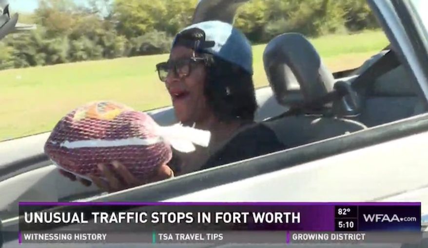 Police officers in Fort Worth, Texas, surprised drivers this week by handing out turkeys instead of tickets in the spirit of Thanksgiving. (WFAA)