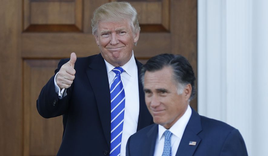 President-elect Donald Trump gives the thumbs-up as Mitt Romney leaves Trump National Golf Club Bedminster in Bedminster, N.J., Saturday, Nov. 19, 2016. (AP Photo/Carolyn Kaster) ** FILE **