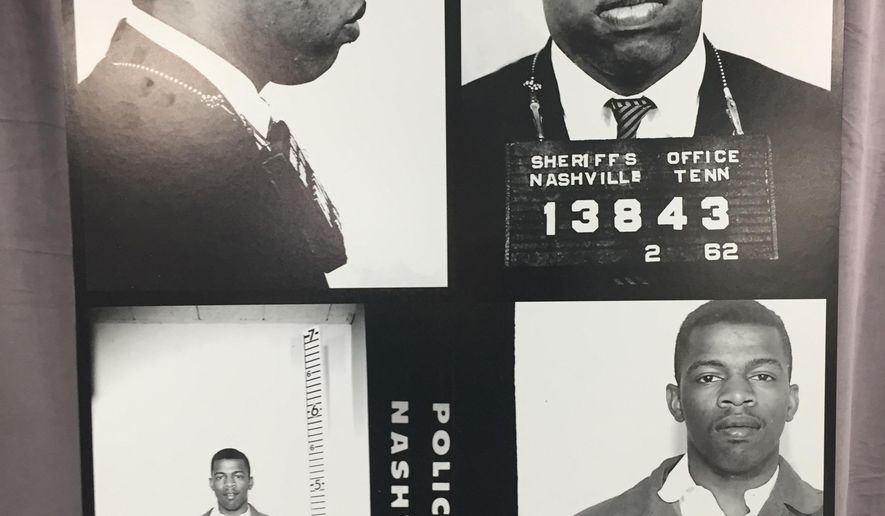 This combination of photographs provided by the Nashville Police Department shows recently discovered never-before-published photos of civil rights icon John Lewis' arrest while leading an effort to desegregate the city's lunch counters in the early 1960's in Nashville. Mayor Megan Barry surprised Lewis with the records Saturday, Nov. 19, 2016, while he was on stage at the Nashville Public Library to receive a literary award. (Nashville Police Department via AP)