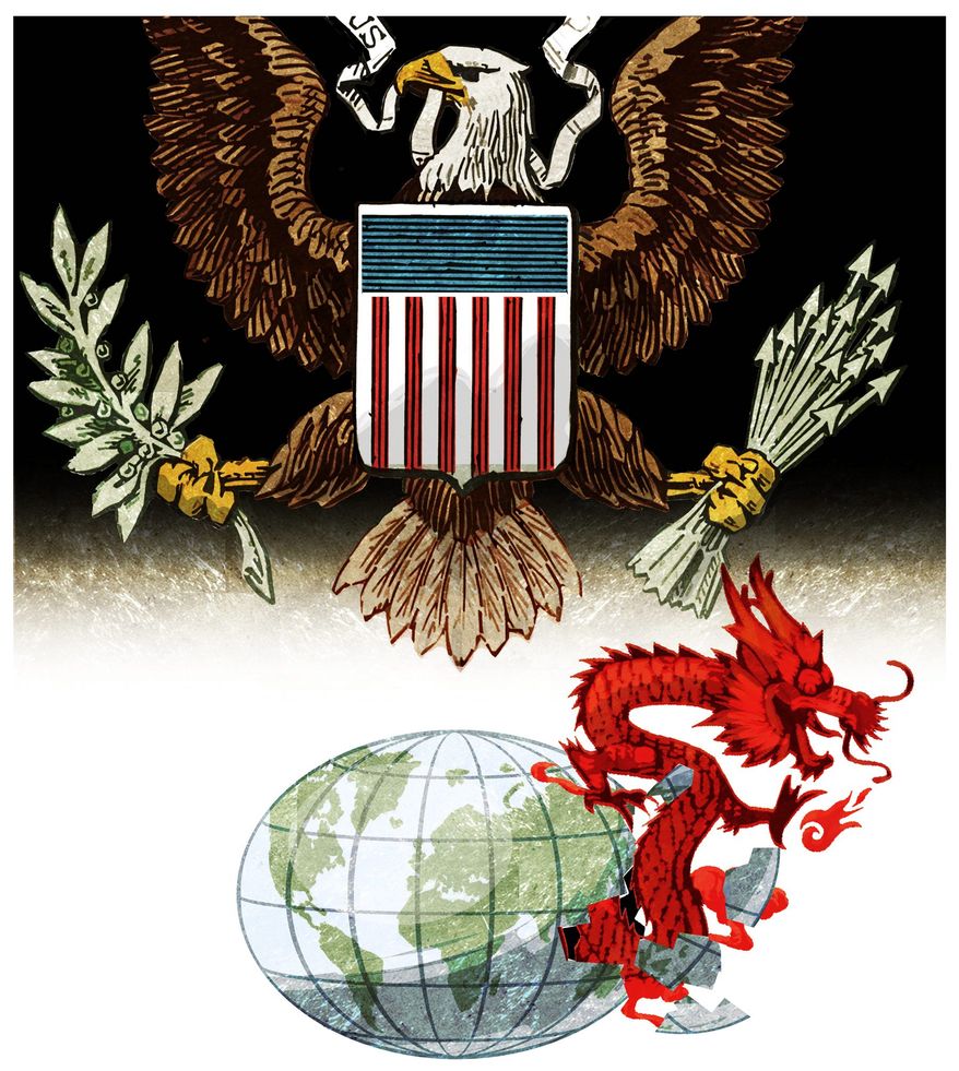 Illustration on U.S. response to China's belligerence by Alexander Hunter/The Washington Times