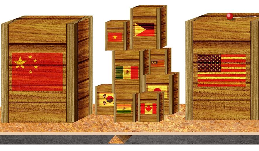 Illustration on free trade in light of China by Alexander Hunter/The Washington Times