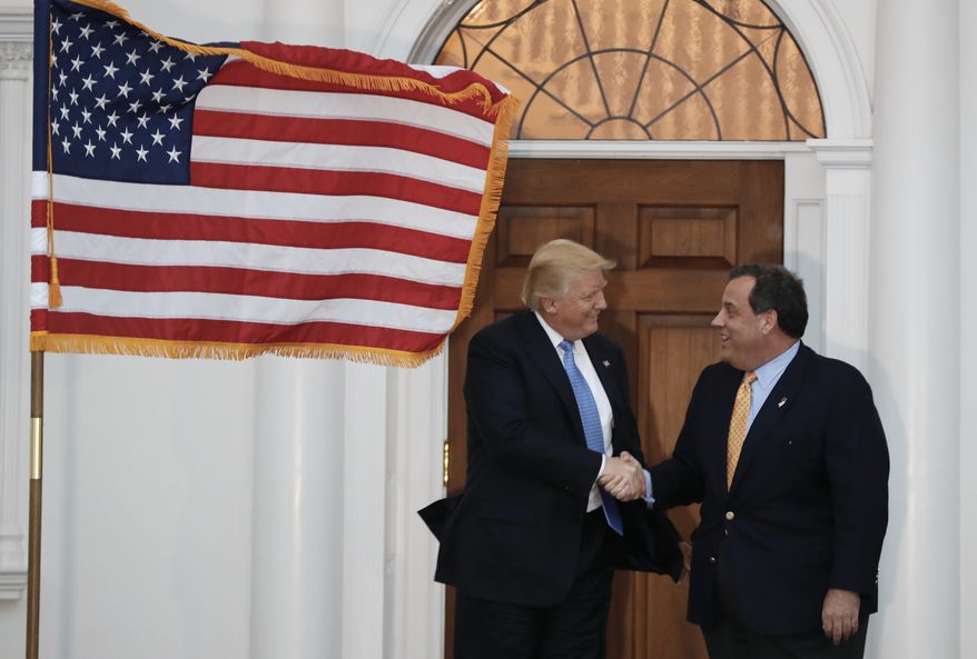President-elect Donald Trump, left, and New Jersey Gov. Chris Christie shake hands after a meeting at Trump National Golf Club Bedminster clubhouse, Sunday, Nov. 20, 2016, in Bedminster, N.J., after meeting. (AP Photo/Carolyn Kaster)
