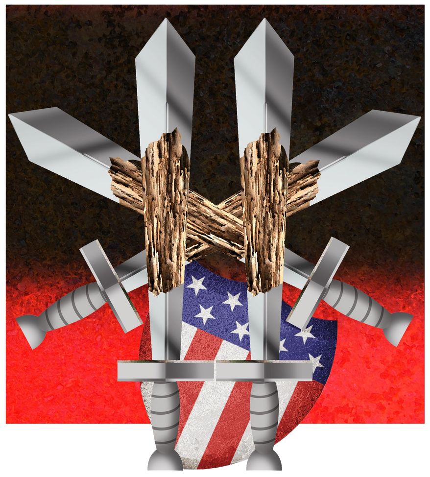 Illustration on the weakened U.S. military by Alexander Hunter/The Washington Times