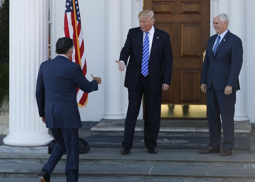 President-elect Donald Trump, center, and Vice President-elect Mike Pence, right, greet Mitt Romney, left, as he arrives at Trump National Golf Club Bedminster clubhouse in Bedminster, N.J., Saturday, Nov. 19, 2016. Dozens of Republican foreign policy experts, business leaders and elected officials broke party ranks to come out against Trump during the contentious presidential race. Now, they're facing a difficult choice: Get on the Trump train or stand by and watch it leave from the station. (AP Photo/Carolyn Kaster)