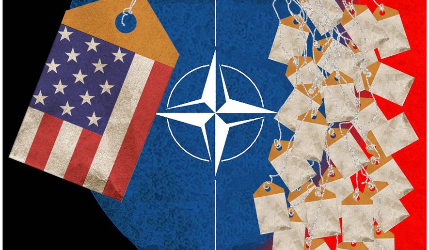 Illustration on the financial inequity among member nations in support of NATO by Alexander Hunter/The Washington Times