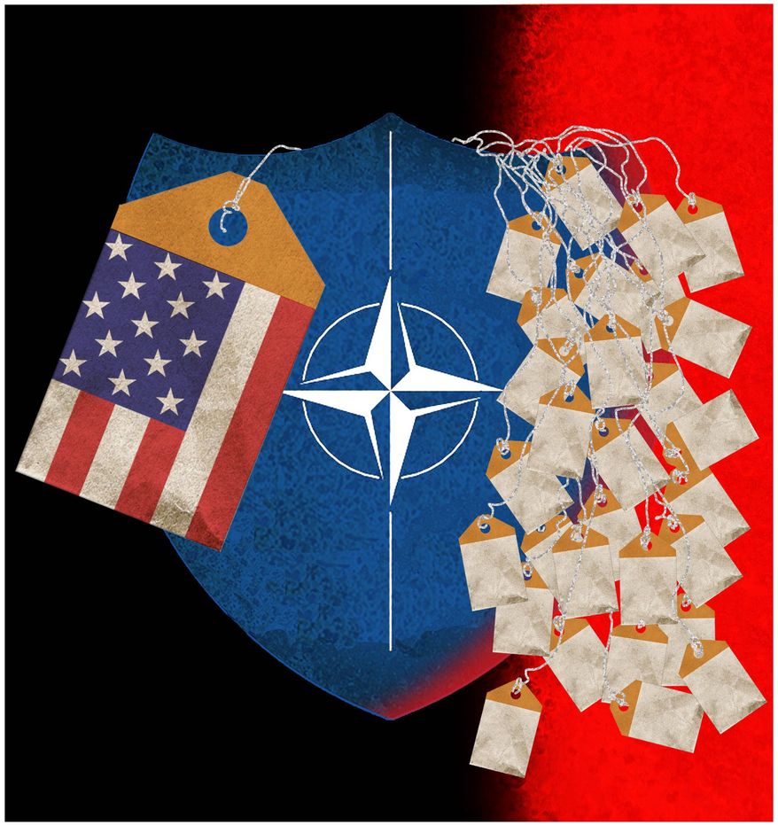 Illustration on the financial inequity among member nations in support of NATO by Alexander Hunter/The Washington Times