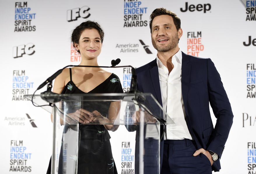 Actress Jenny Slate, left, and actor Edgar Ramirez announce the nominations for the 2017 Film Independent Spirit Awards at the W Hotel on Tuesday, Nov. 22, 2016, in Los Angeles. The annual film awards show will be held on Feb. 25, 2017. (Photo by Chris Pizzello/Invision/AP)