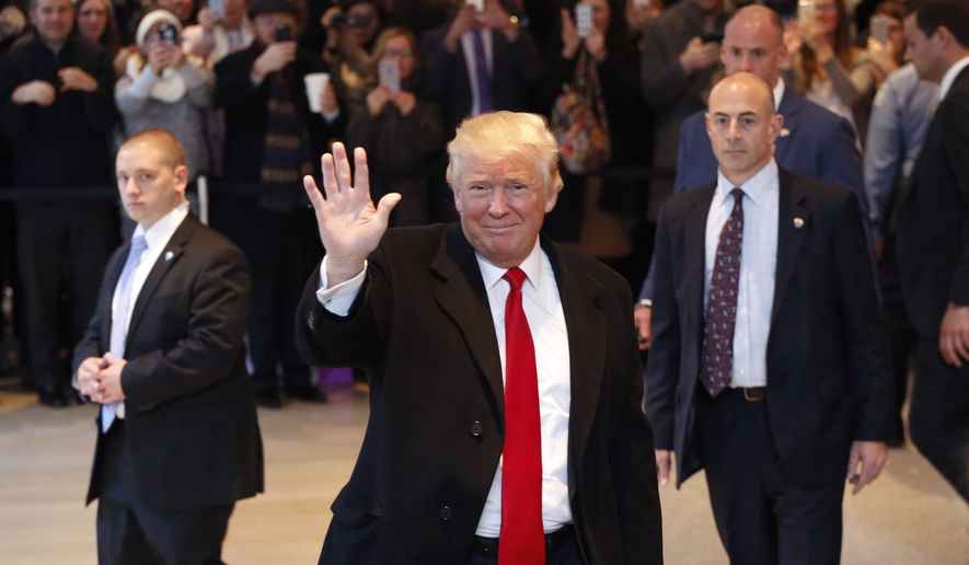 President-elect Donald Trump waves to the crowd as he leaves the New York Times building following a meeting, Tuesday, Nov. 22, 2016, in New York. (AP Photo/Mark Lennihan)