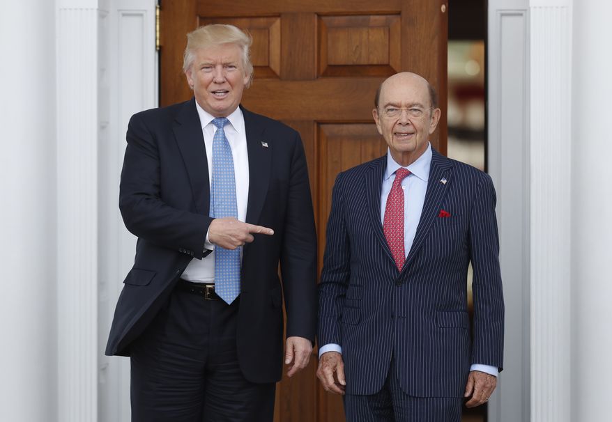 In this Sunday, Nov. 20, 2016, file photo, President-elect Donald Trump, left, stands with investor Wilbur Ross after meeting at the Trump National Golf Club Bedminster clubhouse in Bedminster, N.J. Trump is poised to offer the position of commerce secretary to the head of a private-equity firm, Wilbur Ross. (AP Photo/Carolyn Kaster)