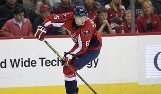 Washington Capitals left wing Andre Burakovsky (65) skates with the puck during the first period of an NHL hockey game against the St. Louis Blues, Wednesday, Nov. 23, 2016, in Washington. (AP Photo/Nick Wass)