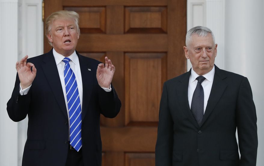 President-elect Donald Trump calls out to media as he stands with retired Marine Corps Gen. James Mattis at Trump National Golf Club Bedminster clubhouse in Bedminster, N.J., Saturday, Nov. 19, 2016. (AP Photo/Carolyn Kaster)