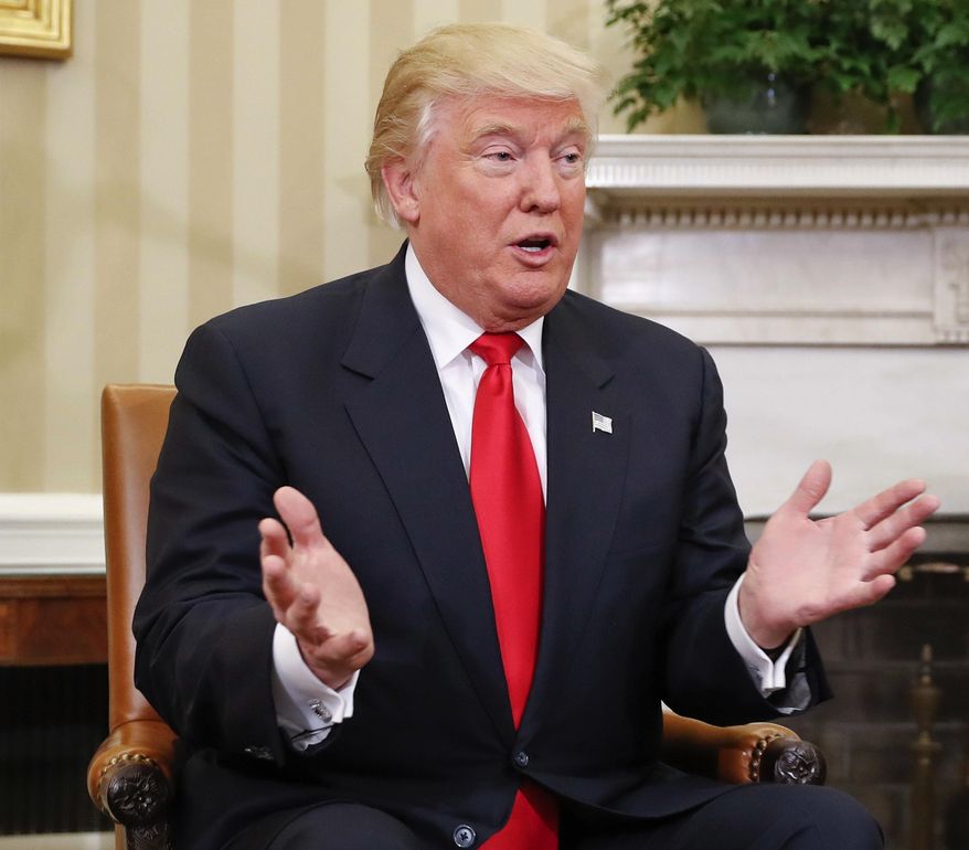 In this Nov. 10, 2016, file photo, President-elect Donald Trump speaks during his meeting with President Barack Obama in the Oval Office of the White House in Washington. (AP Photo/Pablo Martinez Monsivais, File)