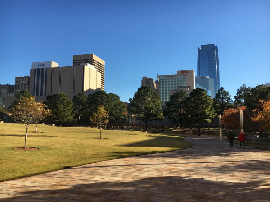 The Oklahoma City skyline, as seen from the Oklahoma City National Memorial &amp; Museum, the site of the 1995 bombing.  (Eric Althoff/The Washington Times)