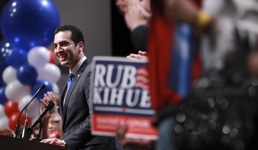 FILE - In this Nov. 8, 2016, file photo, Rep. Ruben Kihuen, D-Nev., speaks to supporters after his victory at an election watch party in Las Vegas. Nevada has become an election case study for Democrats after it went blue while much of the country went red. The purest success story for the "Reid machine" is Kihuen, a Mexican immigrant and son of a casino housekeeper who unseated an incumbent Republican congressman with help from heavy-hitting fans, Sen. Harry Reid, Bill Clinton and the formidable, highly immigrant Culinary Union that represents casino workers like his mom. (AP Photo/Chase Stevens, File)
