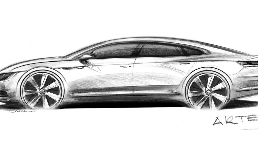 The artist rendering provided by Volkswagen on Monday, Nov. 28, 2016 shows the Volkswagen Arteon that will be presented during the 2017 Geneva Auto Show. The new developed model is positioned above the Passat and will be built in the Volkswagen plant in Emden, northern Germany. (Volkswagen AG via AP)