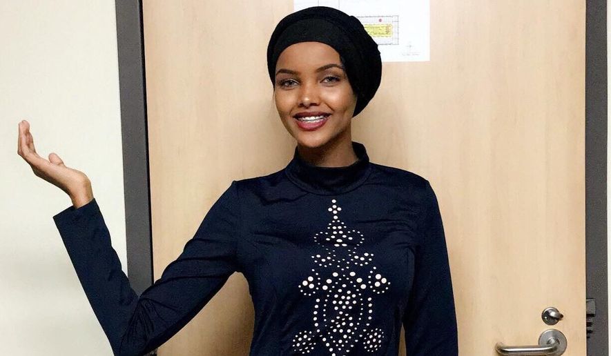 In this Nov. 11, 2016, photo provided by Alishba Kazmi, Halima Aden poses for a photo at St. Cloud State University in St. Cloud, Minn. Aden, a Somali-American, will be the first to compete in the Miss Minnesota USA contest while wearing a hijab and other modest Muslim clothing that keeps her fully covered. (Alishba Kazmi via AP)