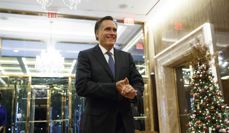 Former Republican presidential nominee Mitt Romney talks with reporters after eating dinner with President-elect Donald Trump at Jean-Georges restaurant, Tuesday, Nov. 29, 2016, in New York. (AP Photo/Evan Vucci)