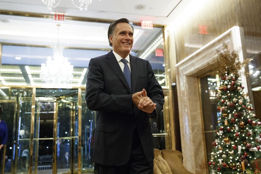 Former Republican presidential nominee Mitt Romney talks with reporters after eating dinner with President-elect Donald Trump at Jean-Georges restaurant, Tuesday, Nov. 29, 2016, in New York. (AP Photo/Evan Vucci)