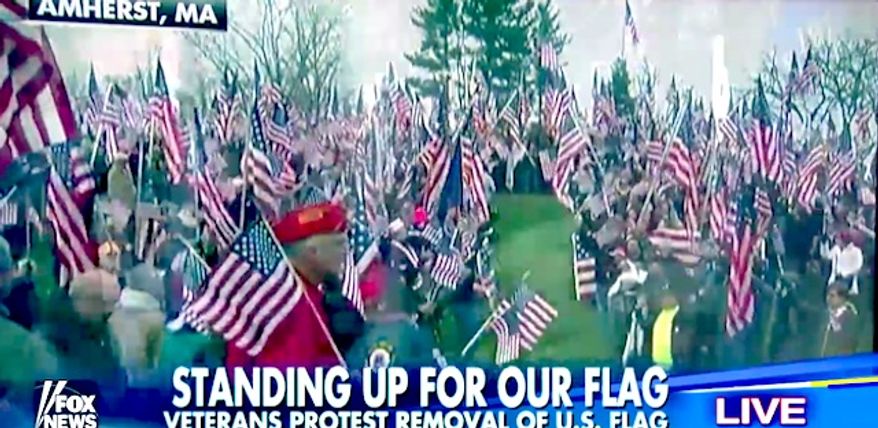 Nearly 1,000 veterans arrived in Amherst, Massachusetts, on Sunday, Nov. 27, 2016, to protest Hampshire College's decision to remove the American flag from campus. (Fox News screenshot)