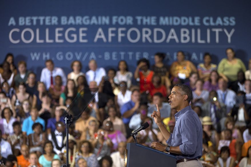 President Barack Obama speaks at Henninger High School in Syracuse, N.Y., Thursday, Aug. 22, 2013. Obama is pitching an overhaul of federal student aid that would link dollars to the Education Department’s ratings of colleges and universities. His proposal would give students at better-rated schools cheaper loans or bigger grants. (AP Photo/Jacquelyn Martin)